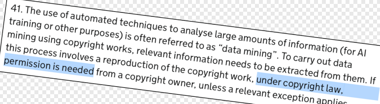 A screenshot of a clause from the UK consultation on AI and copyright which explicitly states that AI training requires permission